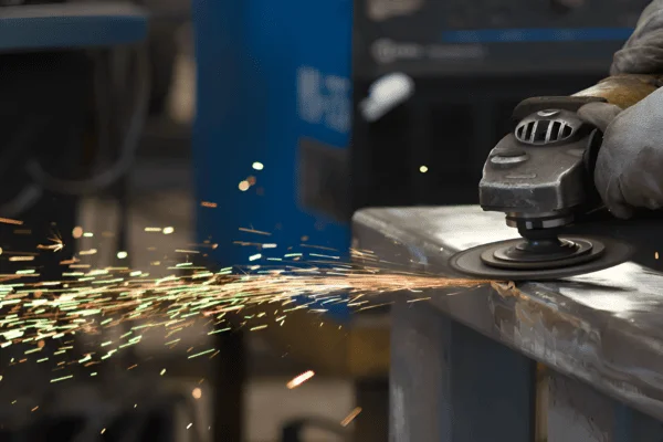 Steel fabrication shop with welding equipment and metal framework