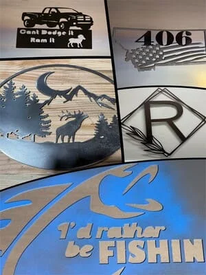 Custom steel signs featuring truck design, wildlife scene, geometric patterns, and painted fishing-themed signage