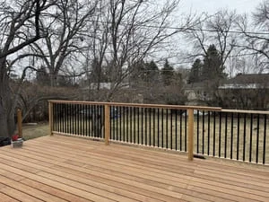 Steel deck railing with vertical pickets and black finish on composite decking