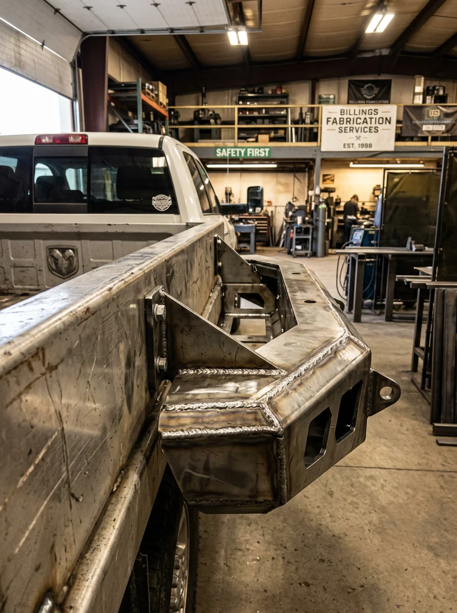 Close-up of a freshly welded custom steel vehicle bumper on a heavy-duty pickup truck, fabricated at a Billings, MT metal shop.