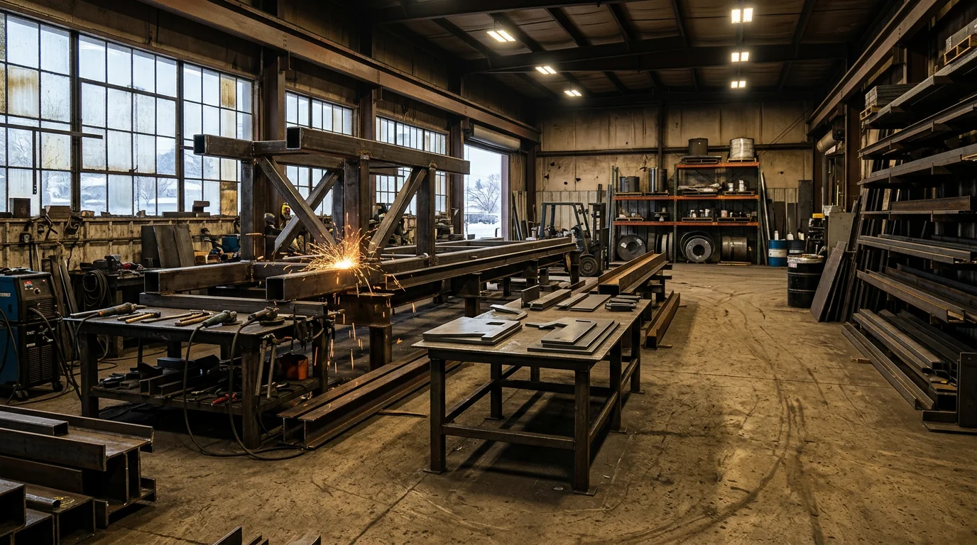 A welder in a Billings, Montana fabrication shop completing a structural steel frame, with CNC plasma-cut steel parts staged on a worktable nearby.