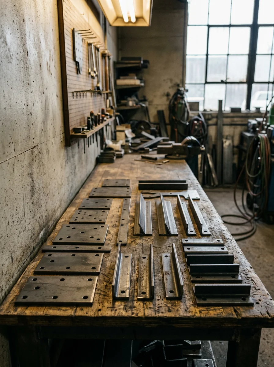 Custom steel replacement parts laid out on a workbench in a metal fabrication shop serving the Laurel, Montana industrial corridor.
