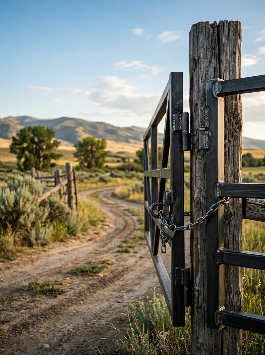 Custom steel gate fabricated for a rural Lockwood, Montana property, showing clean welds and a heavy-duty hinge assembly.