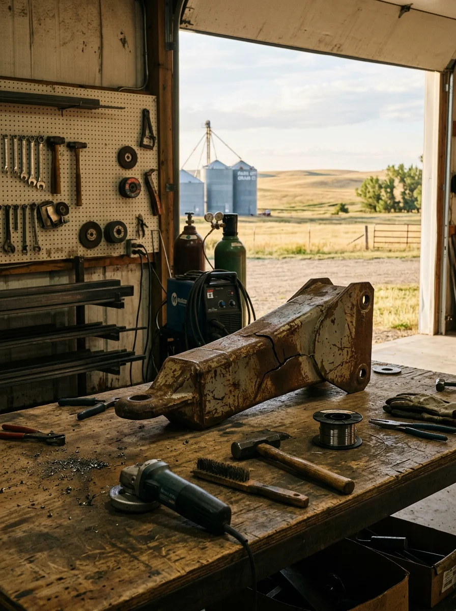 A welder repairing a cracked agricultural trailer hitch on a Park City, Montana farm property, with open prairie and grain fields in the background.