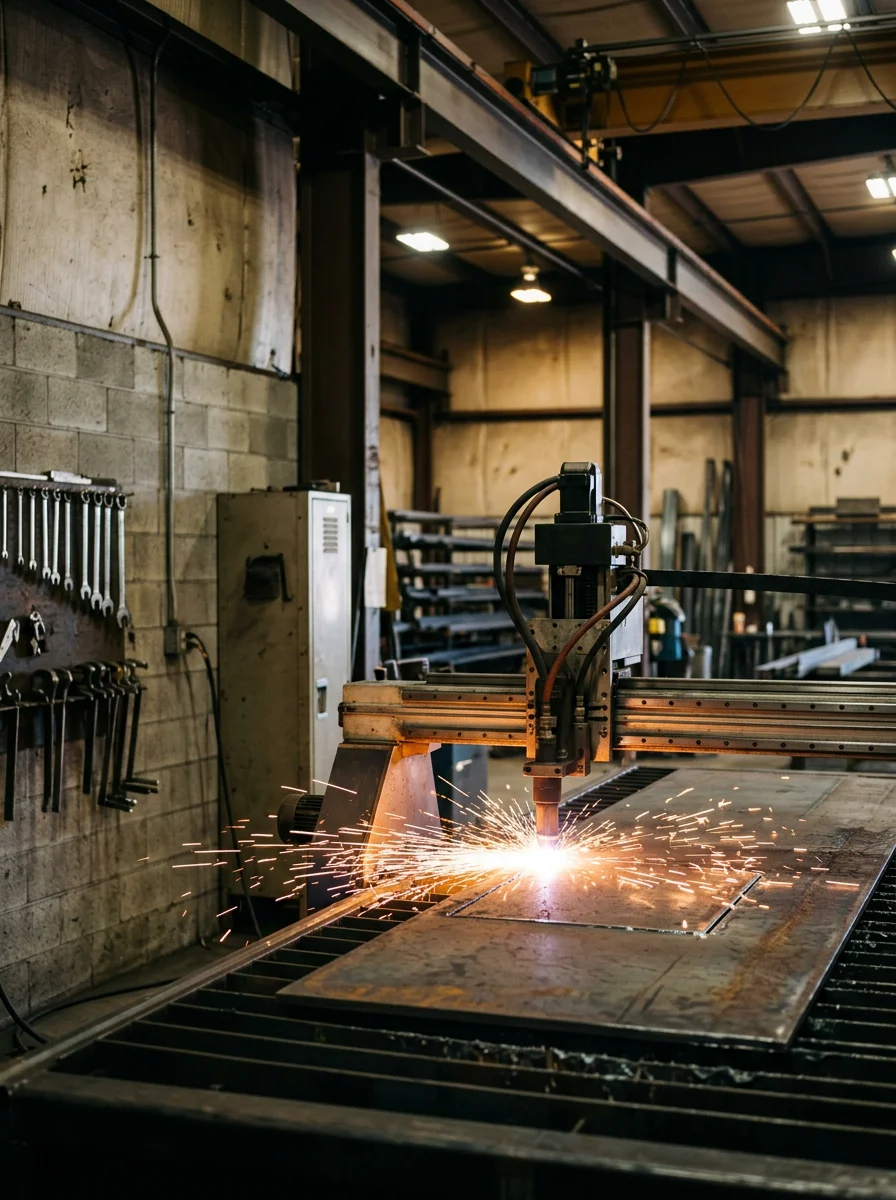 CNC plasma cutter producing a custom steel part in a Yellowstone County, Montana metal fabrication shop, with sparks and precise cut lines visible on the steel plate.