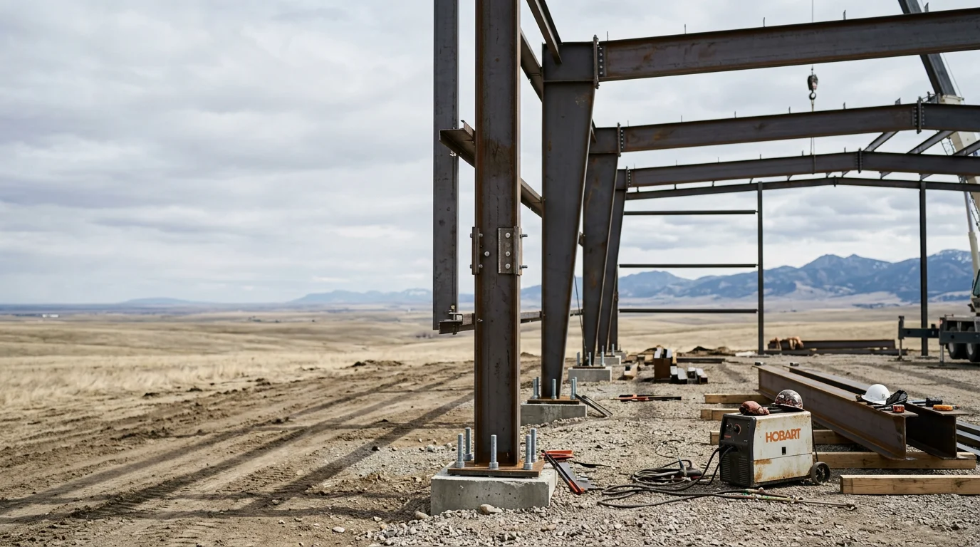 Steel building frame assembly in progress at a commercial site near Billings, Montana, showing erected primary columns and secondary framing members under an open sky. A local KDR Industries INC crew works on the structural steel skeleton against the backdrop of the Yellowstone County plains.