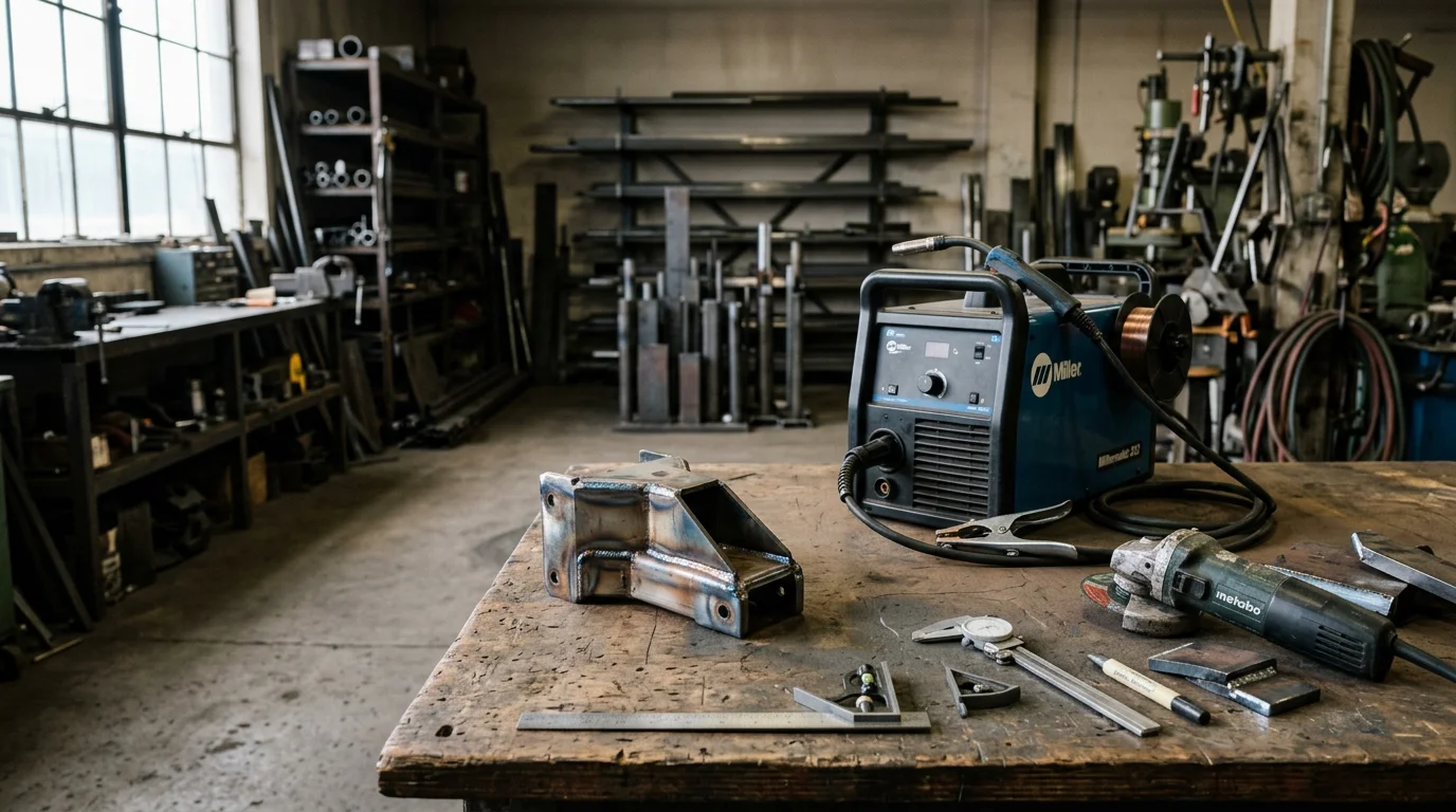 A fabricated custom steel component resting on a workbench inside a metal fabrication shop in Billings, Montana. The piece shows clean weld seams and precise cut edges ready for delivery to a local agricultural or commercial client.
