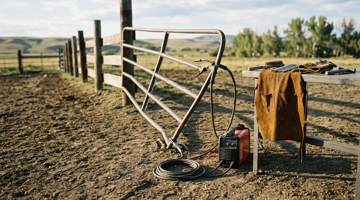 A welder from KDR Industries INC performing an on-site metal repair at a ranch property in Yellowstone County, Montana, with welding equipment set up beside a damaged steel gate frame.