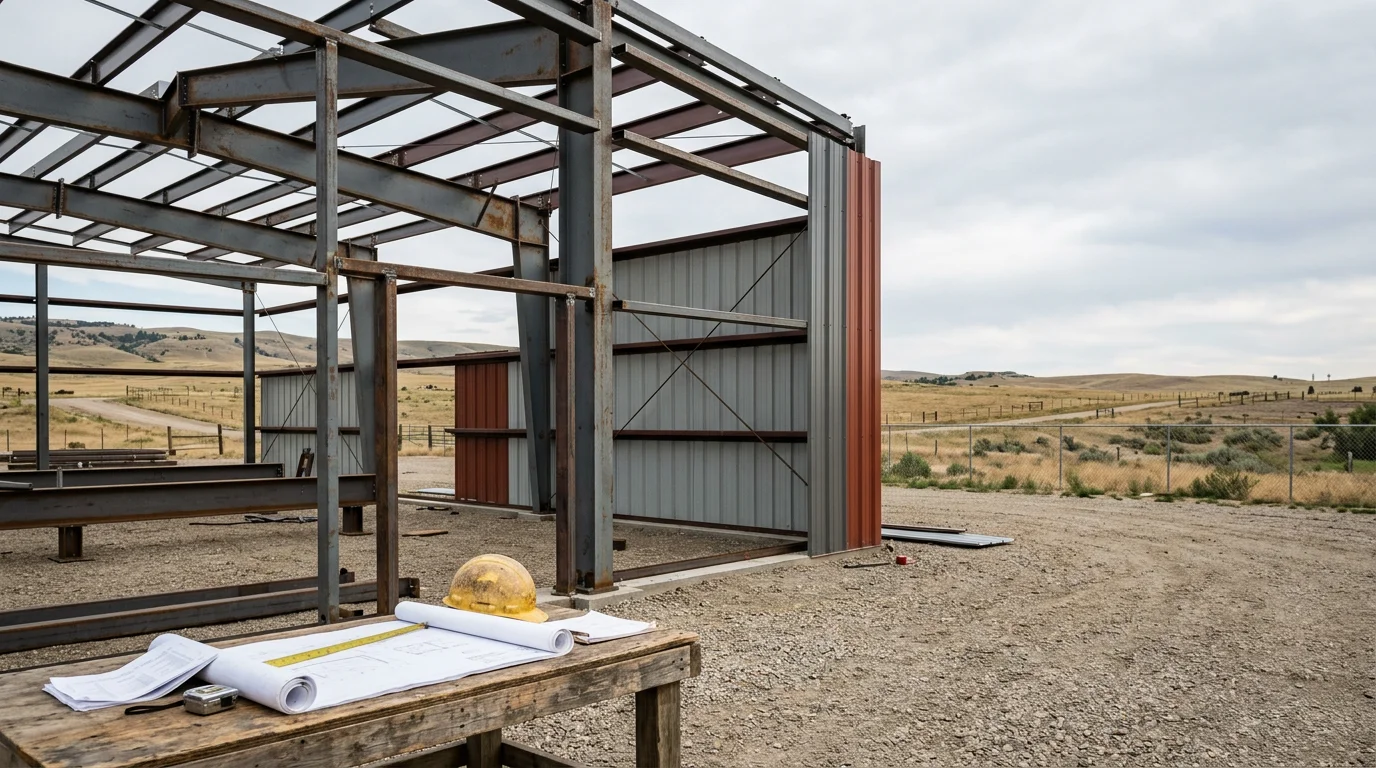 A completed pre-engineered metal building with steel framing and metal roof panels on a rural property in Yellowstone County near Billings, Montana. The structure is set against open plains with a clear view of the surrounding landscape.