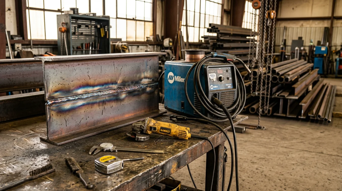 A welder repairing a cracked steel structural beam at a commercial property in Billings, Montana. Close-up shows a clean weld bead on a repaired steel frame with Yellowstone County farmland visible in the background.