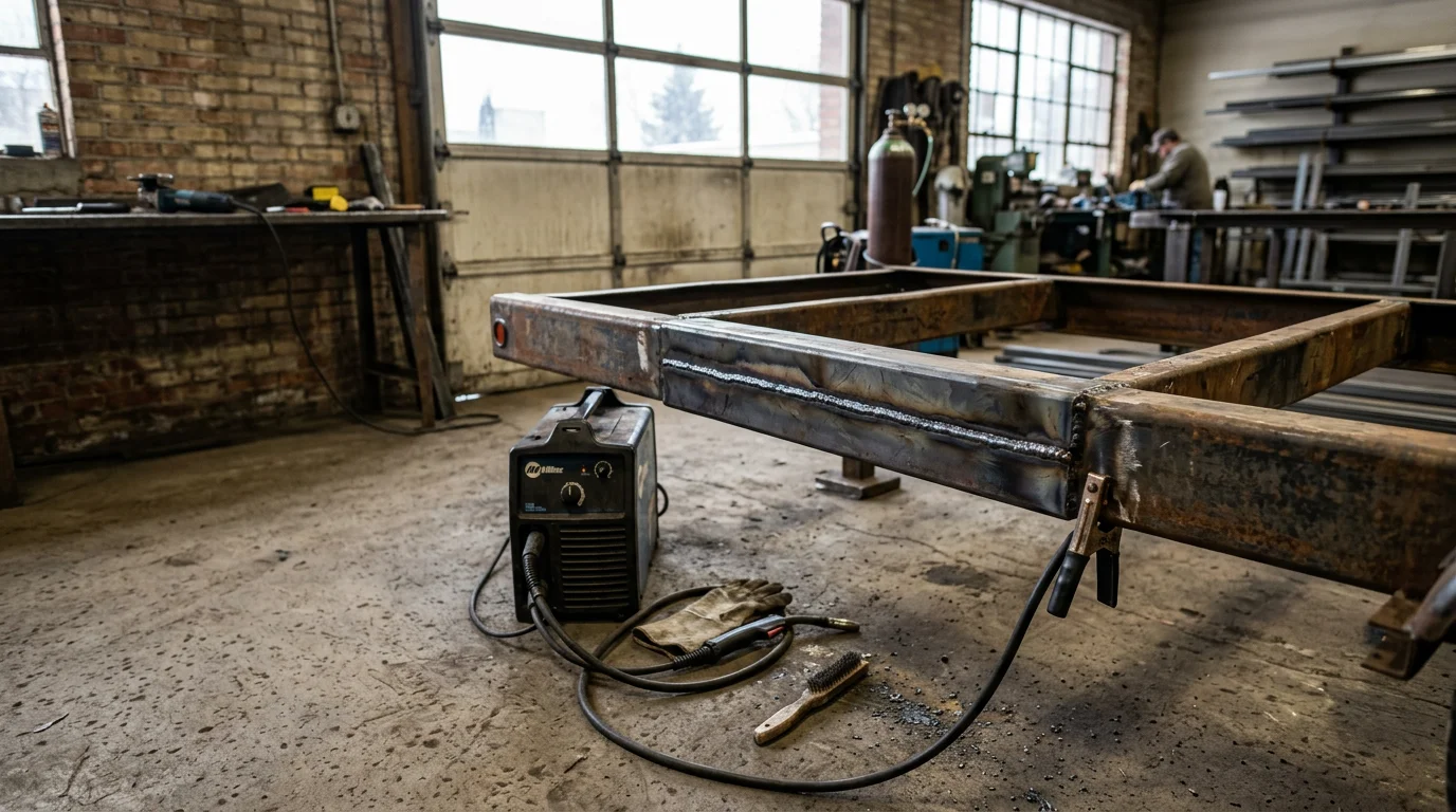 A welder repairing a cracked trailer frame rail at a metal fabrication shop in Billings, Montana. The repaired section shows fresh weld beads along a heavy-duty flatbed trailer crossmember.