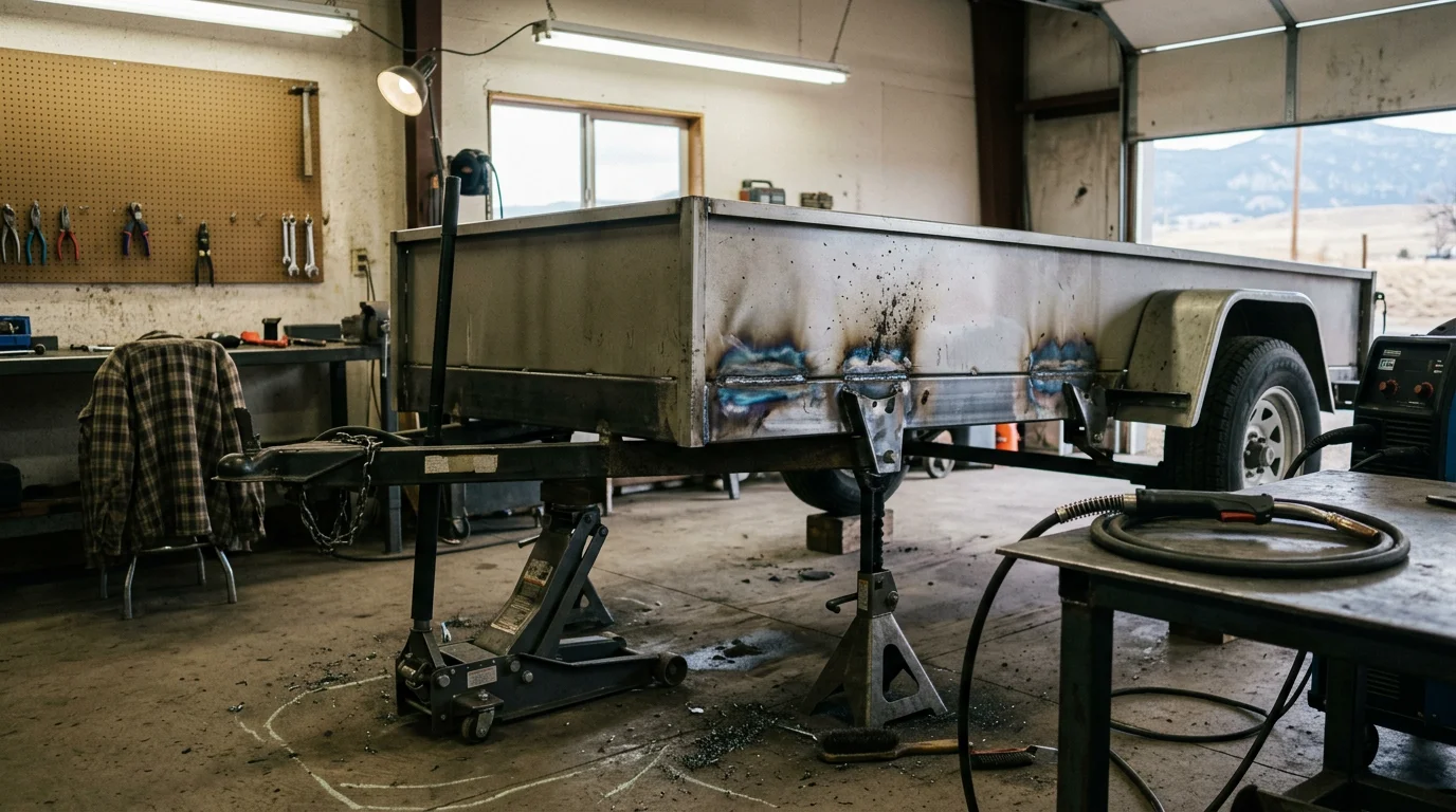 A flatbed work trailer undergoing welding repair at a metal fabrication shop in Billings, Montana. A technician welds a cracked hitch mount on a heavy-duty utility trailer used for hauling across Yellowstone County.