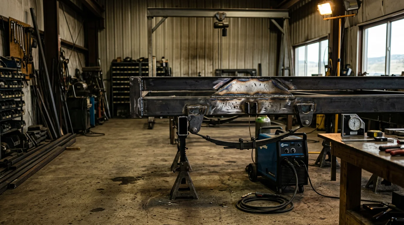 A welder reinforcing the steel frame of a heavy-duty trailer at a fabrication shop in Billings, Montana. Gussets and crossmembers are being welded to the trailer's main structural joints.