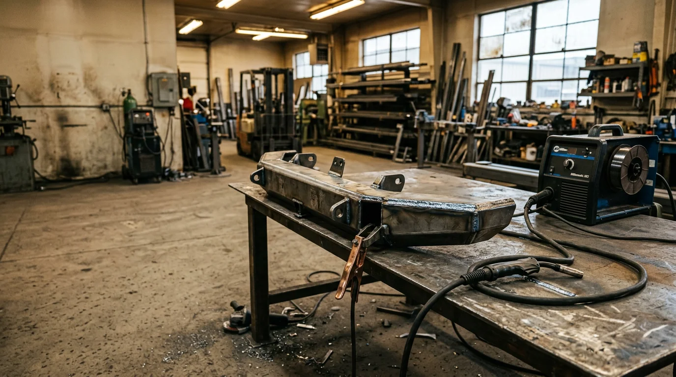 Custom fabricated steel vehicle bumper welded onto a heavy-duty work truck at a metal fabrication shop in Billings, Montana. The bumper shows clean weld seams and solid steel construction suited for ranch and haul roads across Yellowstone County.