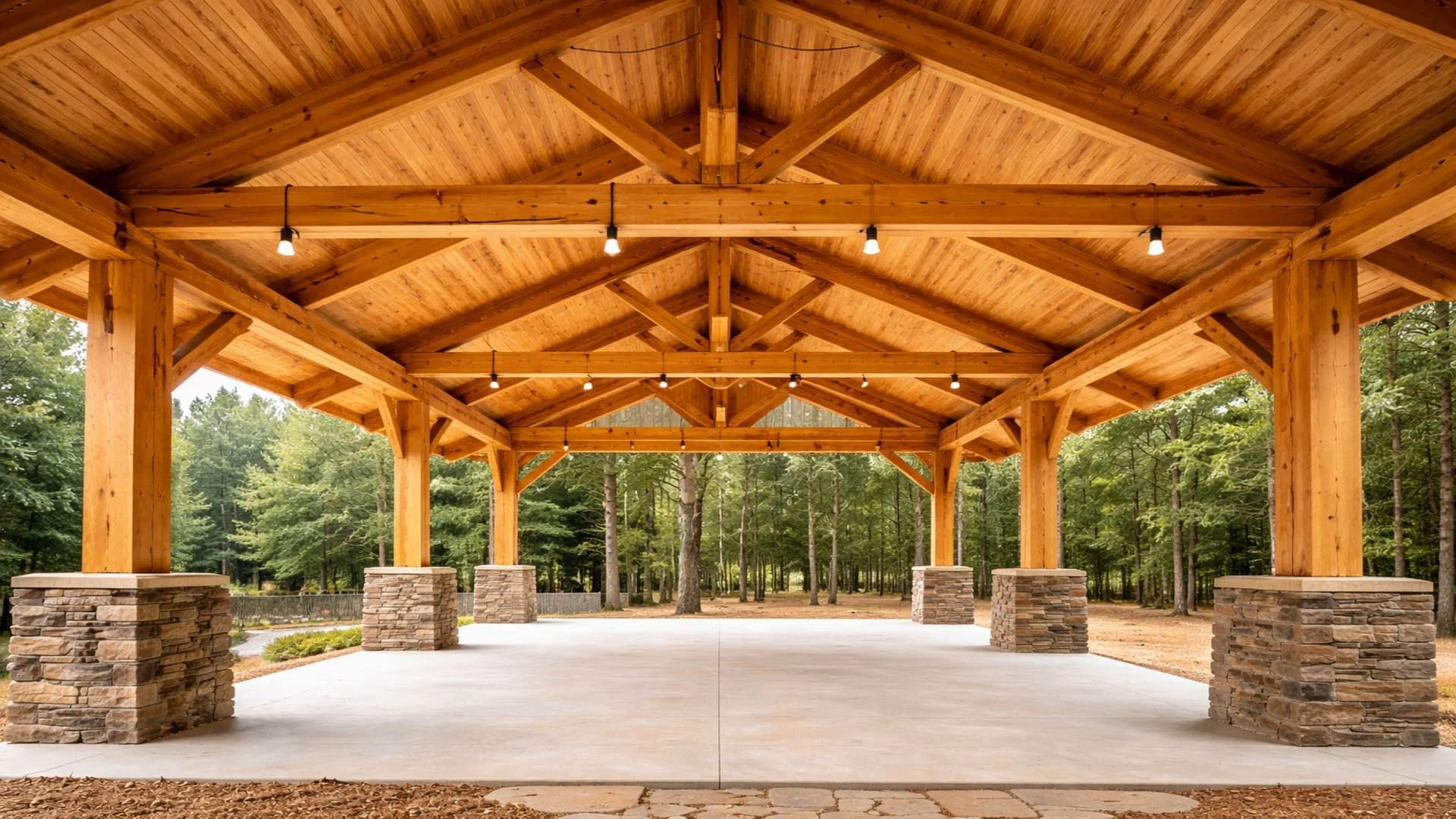A custom-fabricated wood structure frame standing on a rural Yellowstone County property near Billings, Montana, showing heavy timber posts and beam connections ready for roofing. Clear sky and open rangeland visible in the background.